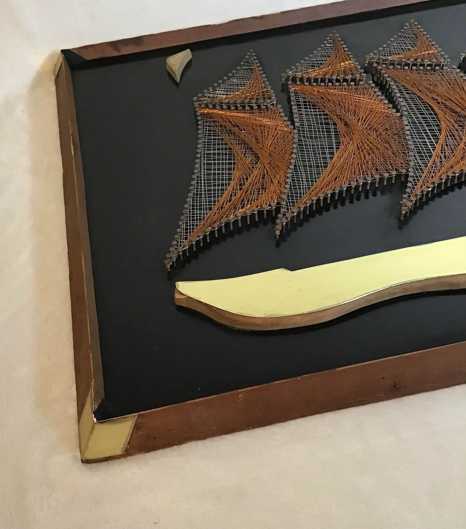 1960s Large Vintage Framed Sculptural Copper Wire Nail Art With Brass Appliques - 7