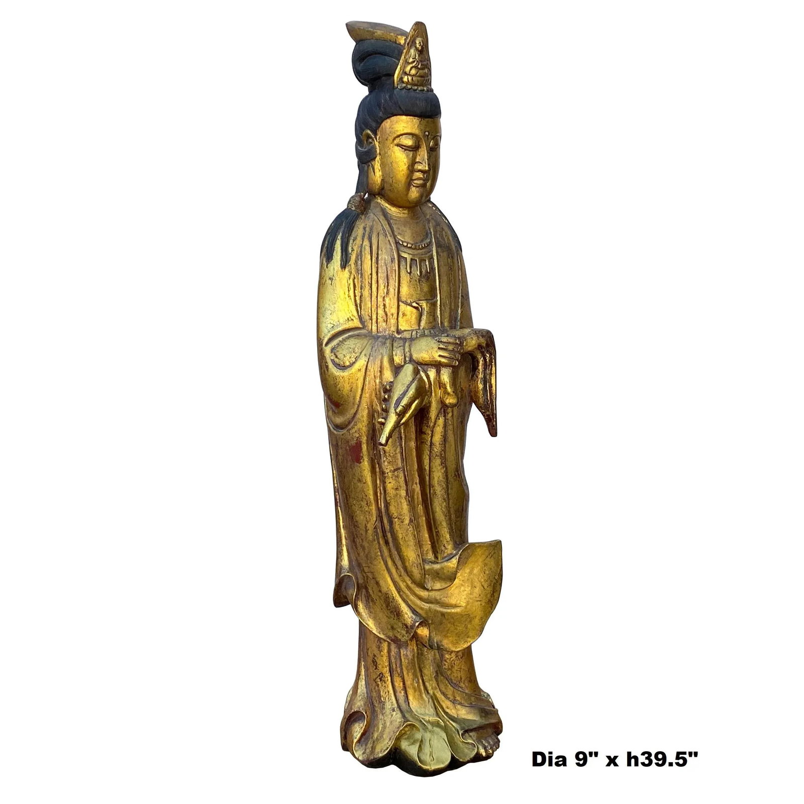 Chinese Rustic Distressed Golden Paint Kwan Yin Buddha Statue - 2