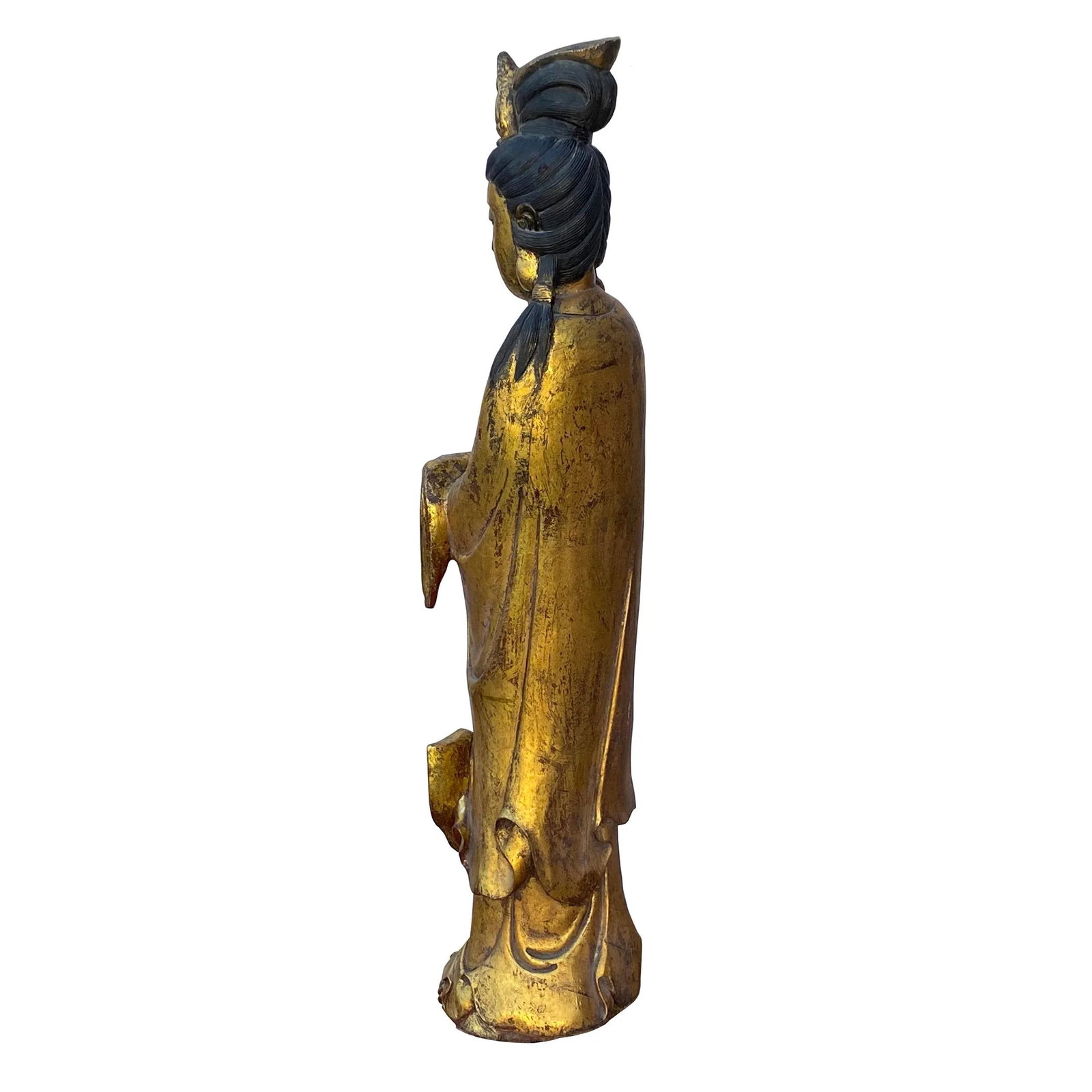 Chinese Rustic Distressed Golden Paint Kwan Yin Buddha Statue - 4