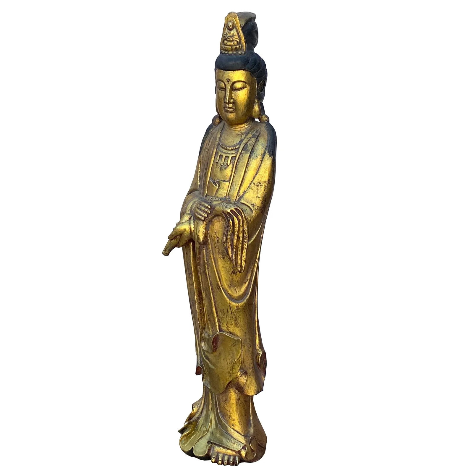 Chinese Rustic Distressed Golden Paint Kwan Yin Buddha Statue - 5
