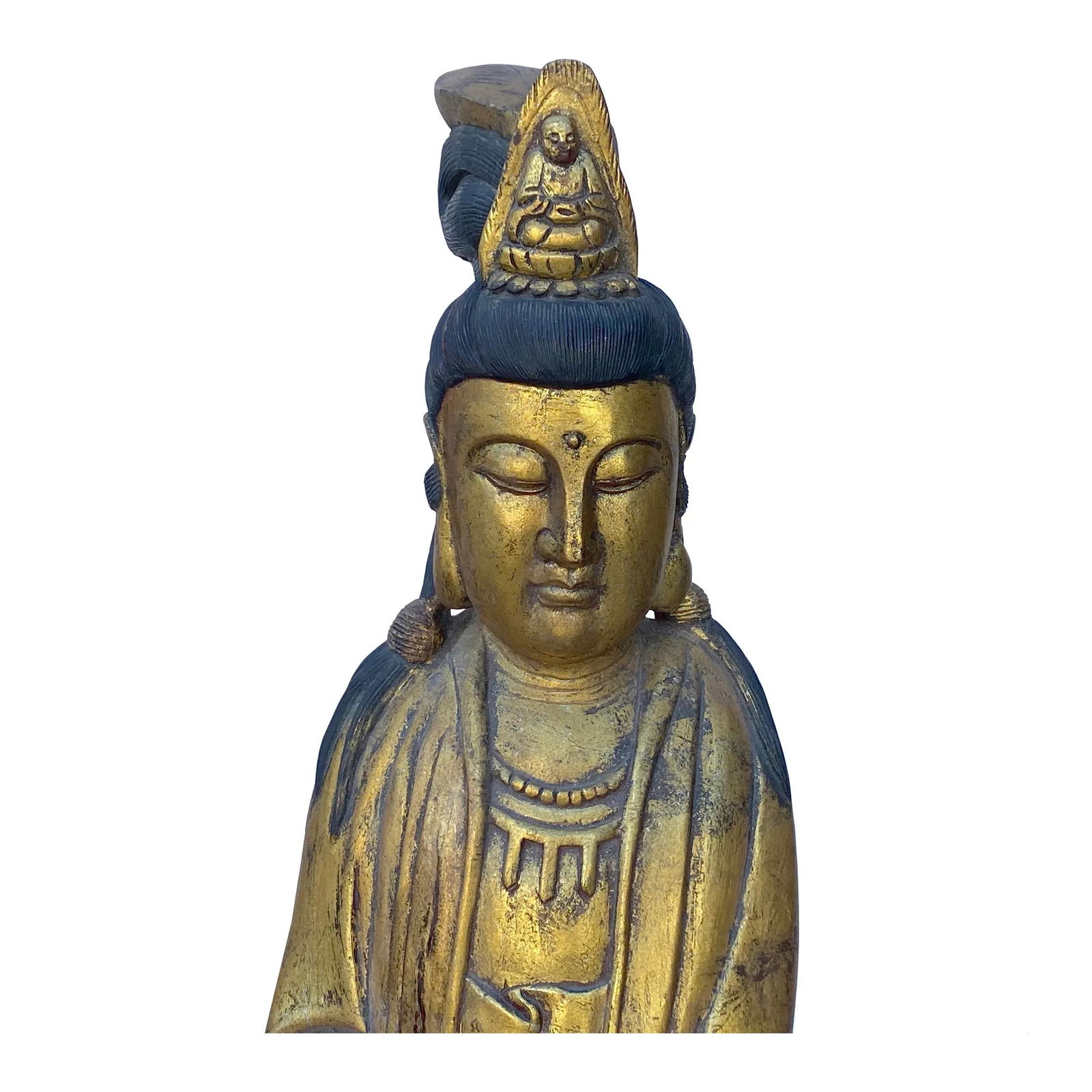 Chinese Rustic Distressed Golden Paint Kwan Yin Buddha Statue - 7