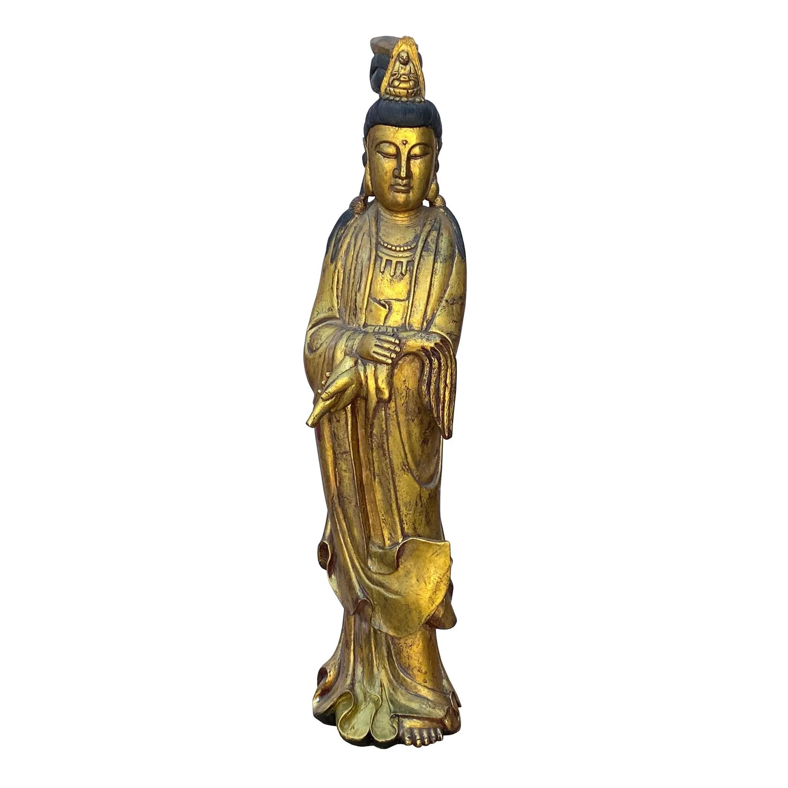 Chinese Rustic Distressed Golden Paint Kwan Yin Buddha Statue - 8