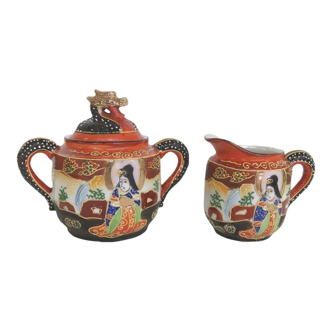 Japanese Moriage Satsuma Style Hand Painted Creamernd Sugar Bowl - A Pair (1 of 11)