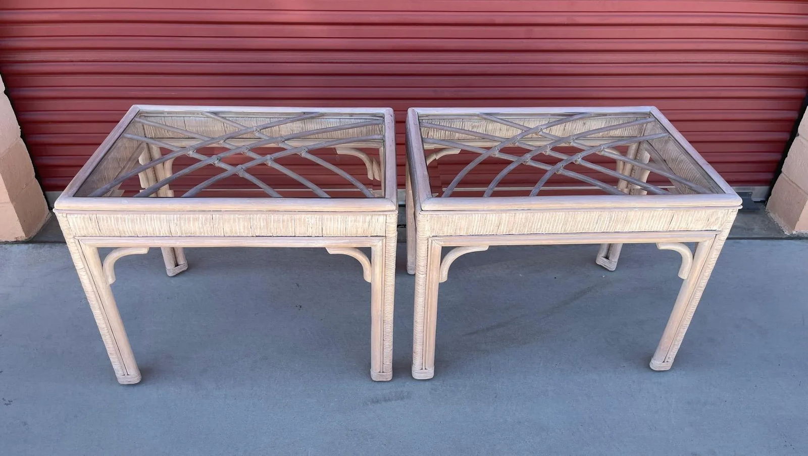 Vintage Whitewash Bamboo Glass Top Side Tables - a Pair - 2
