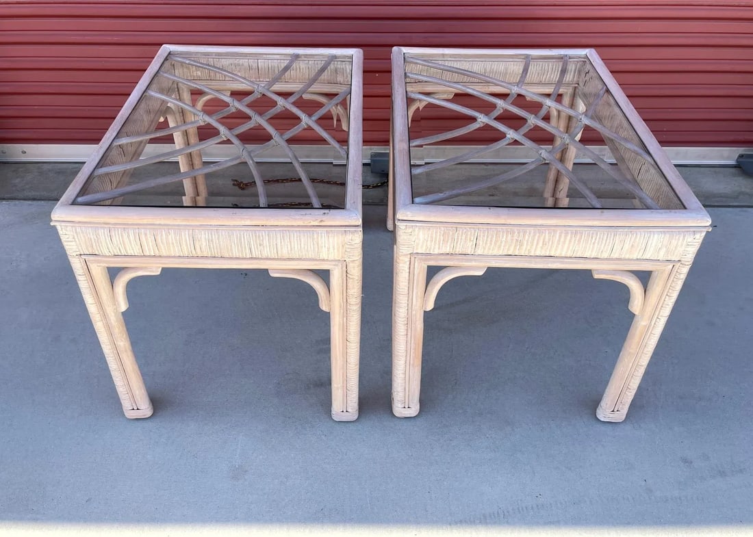 Vintage Whitewash Bamboo Glass Top Side Tables - a Pair - 3
