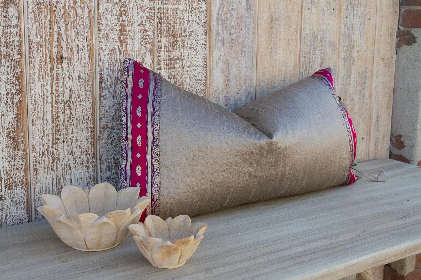 Vintage Rupa Large Festive Indian Silk Queen Lumbar Pillow Cover - 3