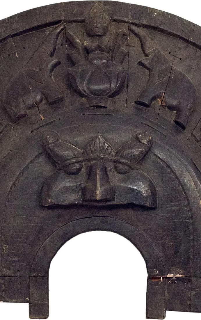 Vintage Carved Wooden Arched Laxmi Header Wall Art | Indian Temple Entrance Arch | Lakshmi With Elep - 2