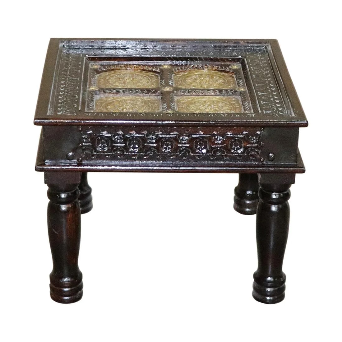 Early 21st Century Hand Carved Solid Wood & Brass Foil Accents Square End Table - 2