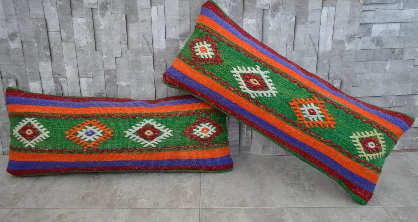 Vintage Turkish Kilim Lumbar Pillow Covers - A Pair - 2