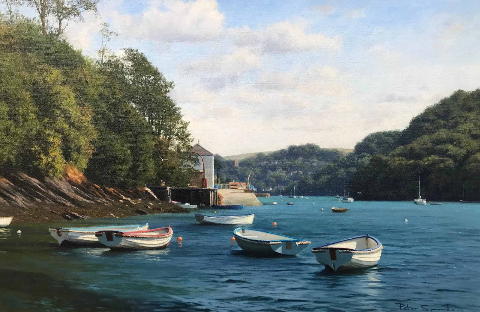 Oil Painting of Boats on River Yealm Devon England by British Landscape Artist - 2