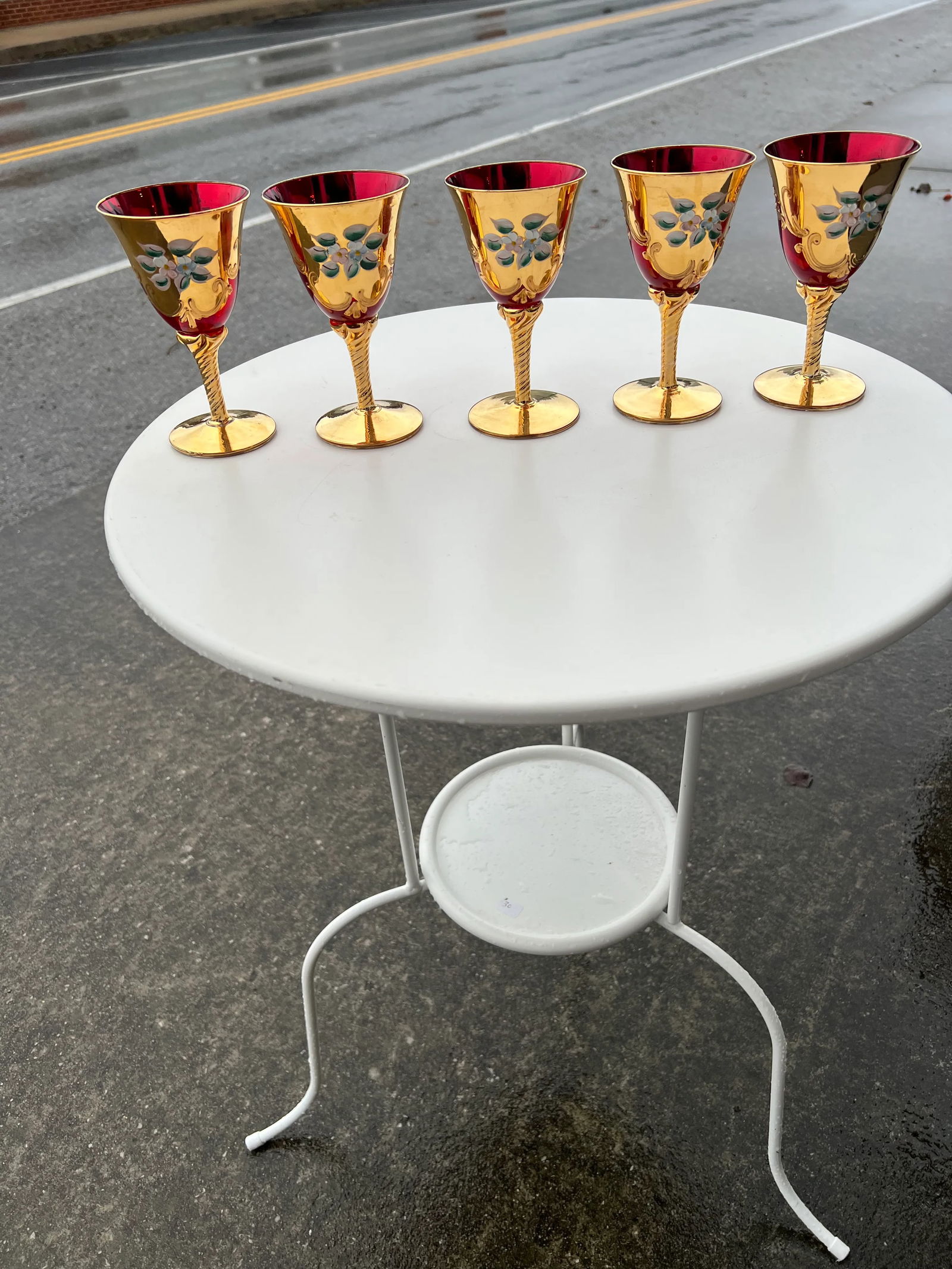 1960s Venetian Murano Style Crystal Ruby Flute Glasses- Set of 5 - 7