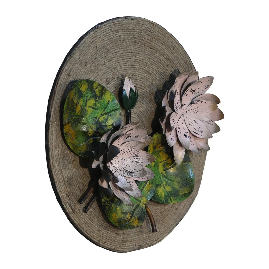 21st Century Farmhouse Style Round Wall Art With Rope and Metal Flowers - 2