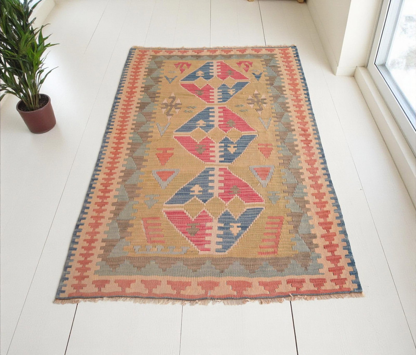 1970s Hand Woven Oushak Kilim Rug Flat Weave Wool Area Rug - 3"²6"³ × 5"²6"³ - 2