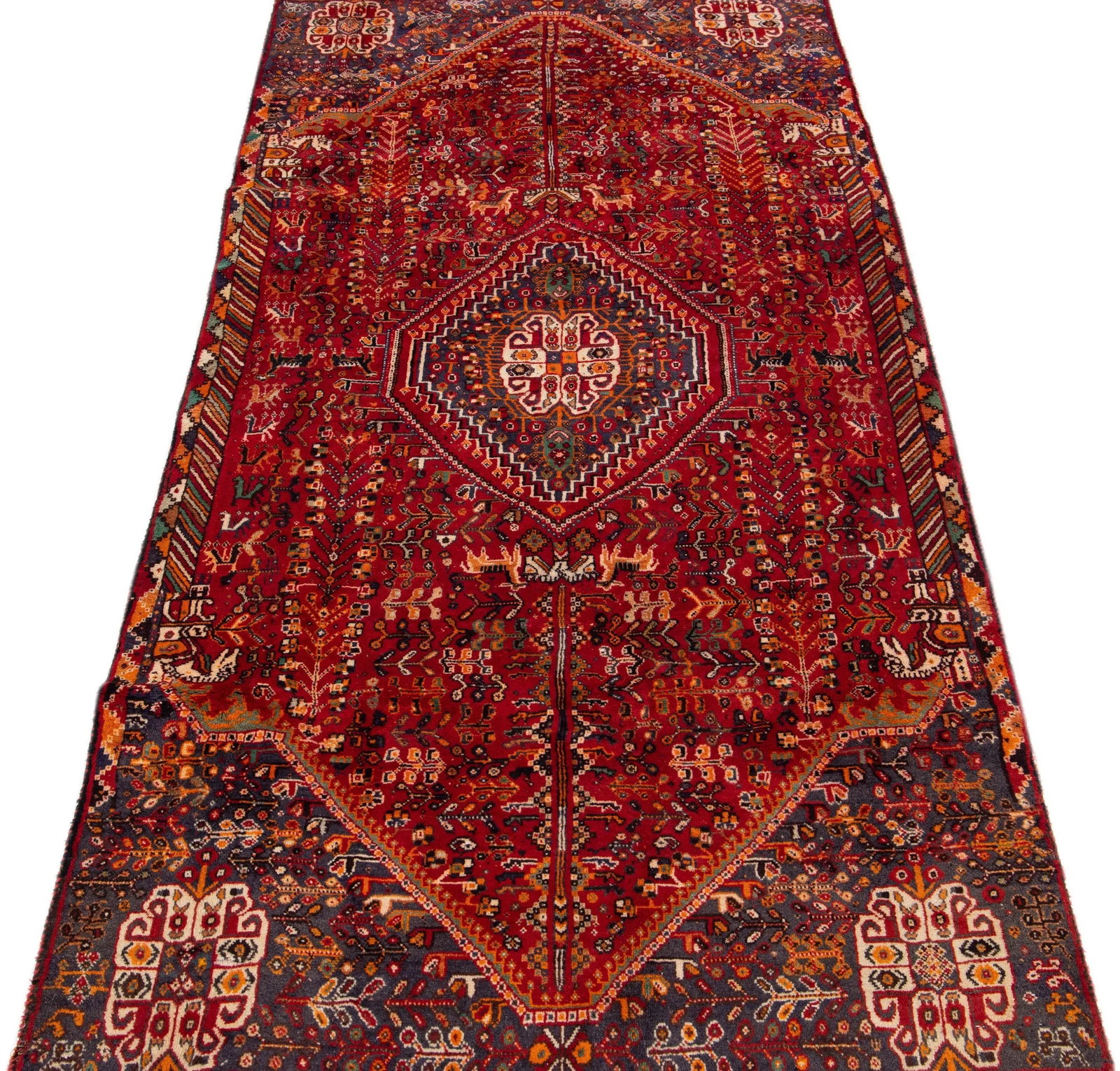 1960s Vintage Persian Shiraz Handmade Red Medallion Wool Rug - 3