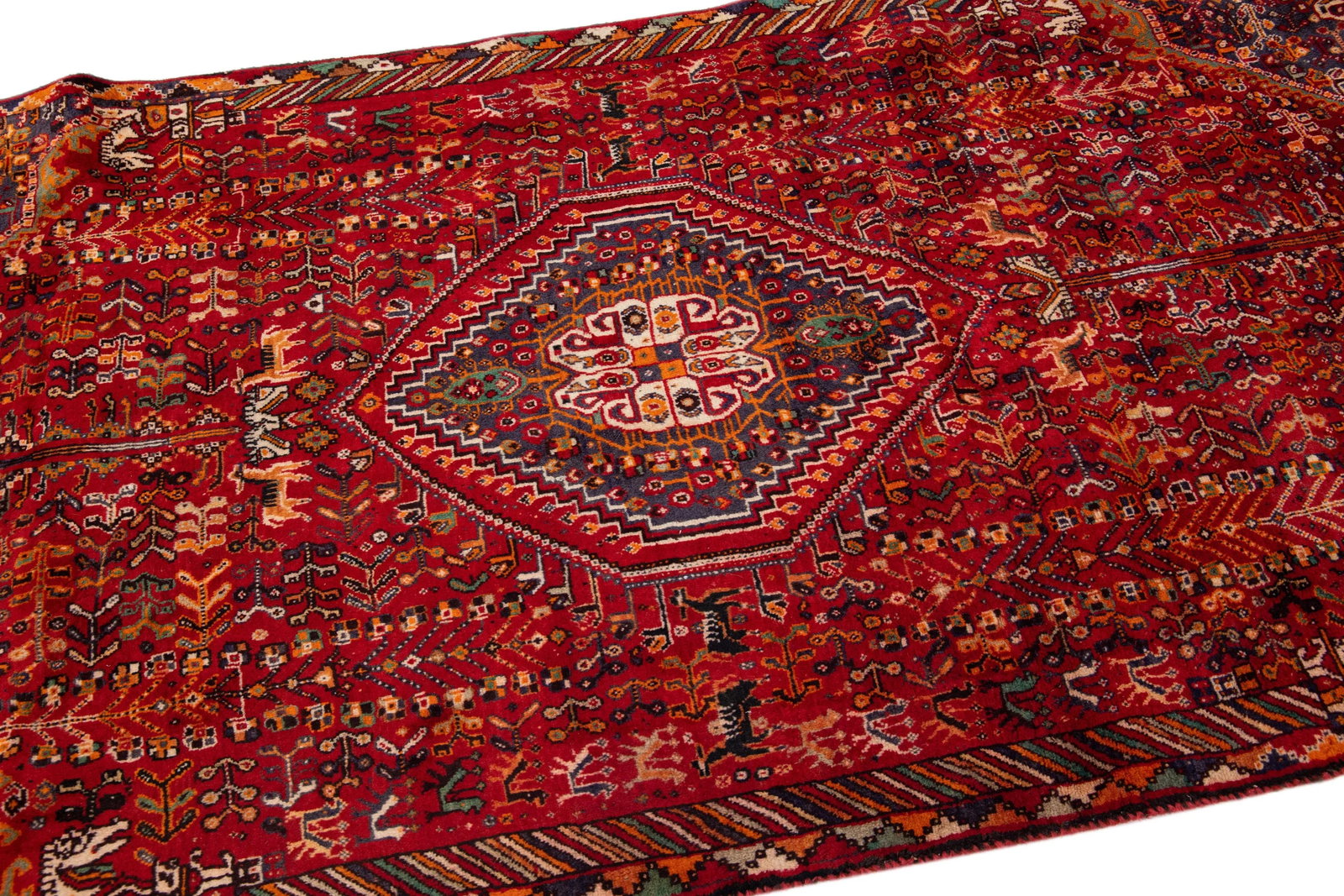 1960s Vintage Persian Shiraz Handmade Red Medallion Wool Rug - 6