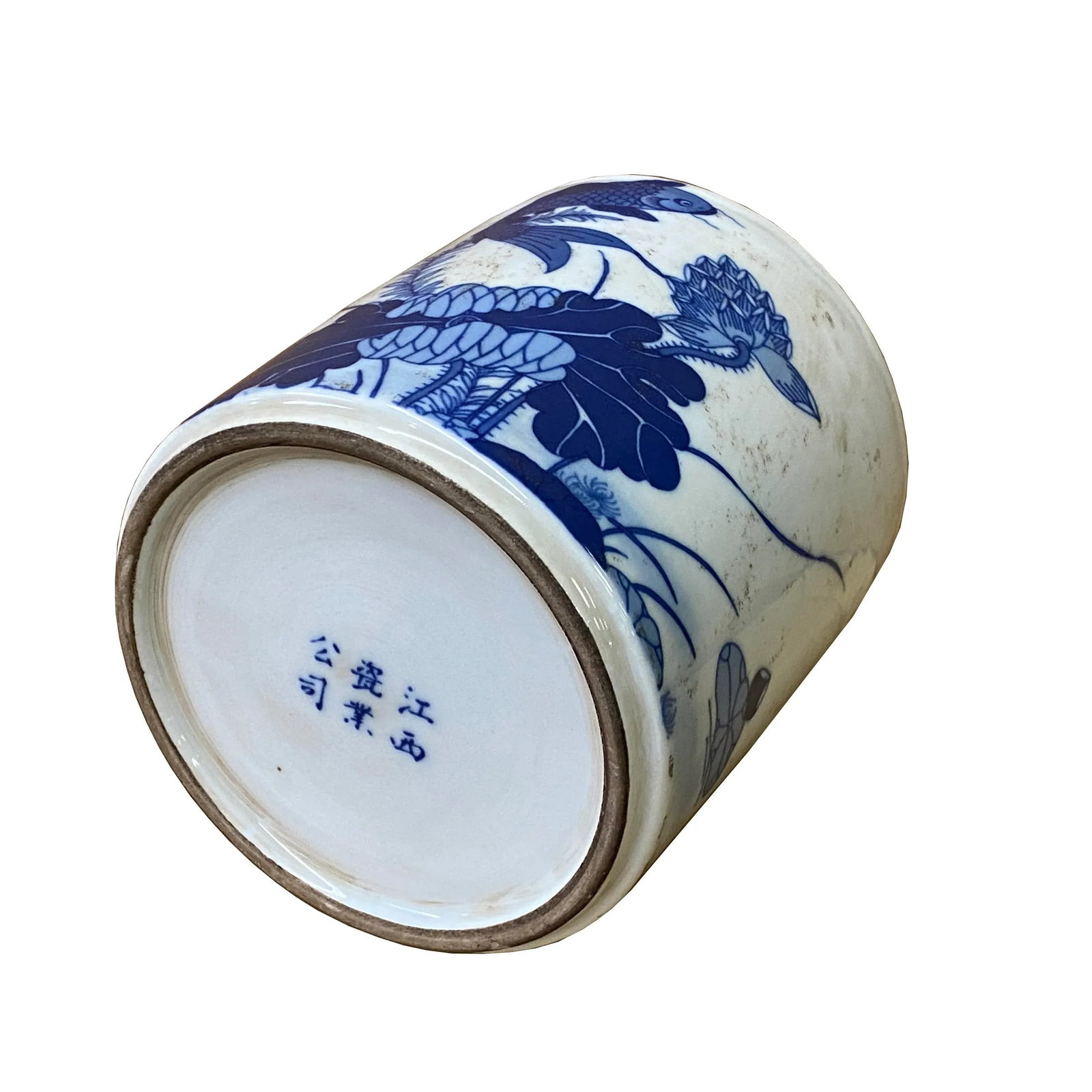 Chinese Distressed White Porcelain Blue Fishes Graphic Holder Vase - 5