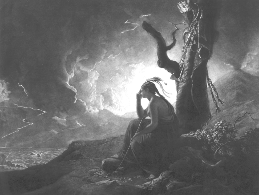 1789, AFTER MEZZOTINT; WIDOW OF DEAD INDIAN CHIEF_HIS HATCHET-BOW & ARROW ON TREE (1 of 1)