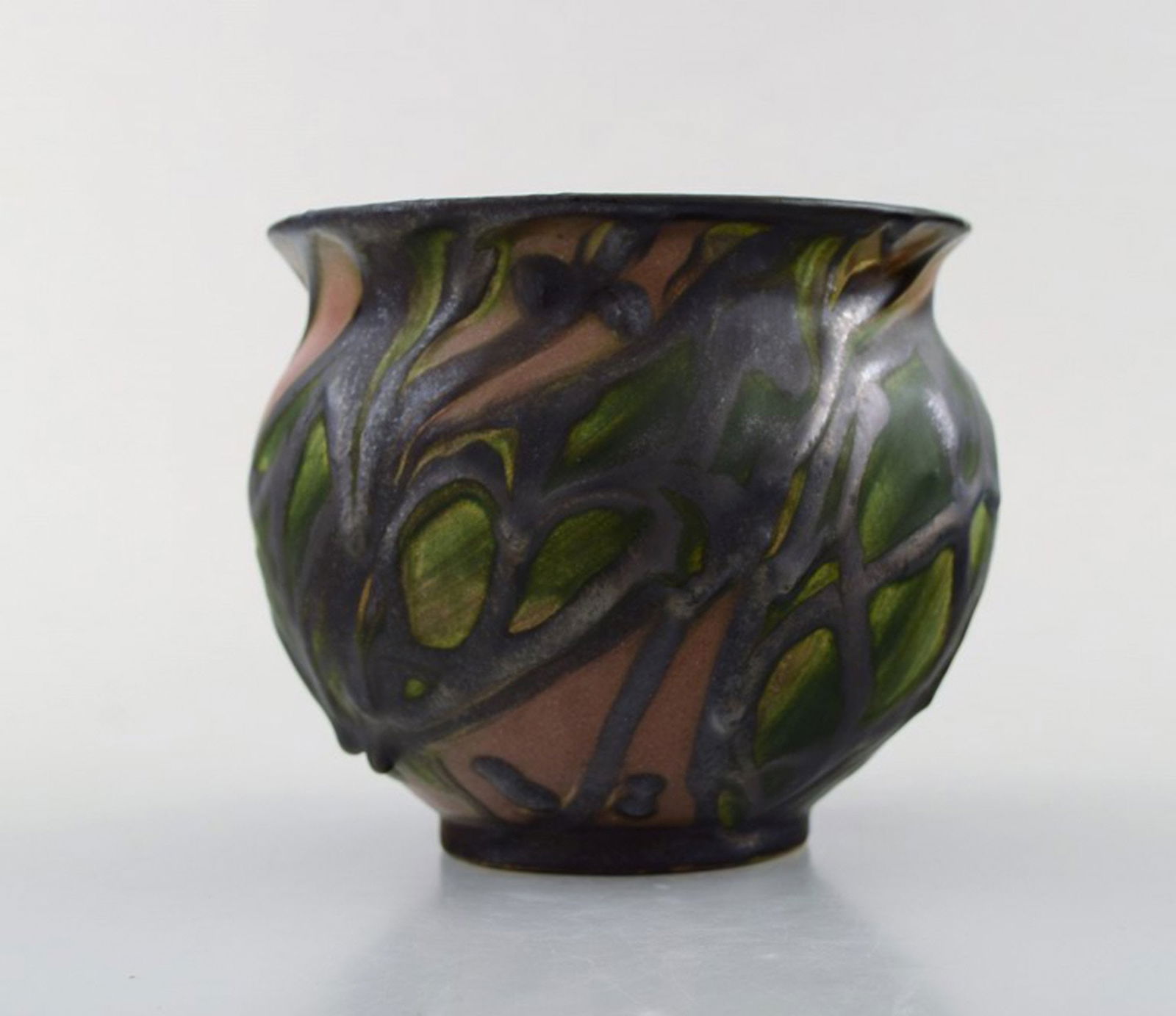Kähler, HAK, glazed stoneware vase in modern design. 1930 / 40s. Leaves and branches on brown (1 of 5)