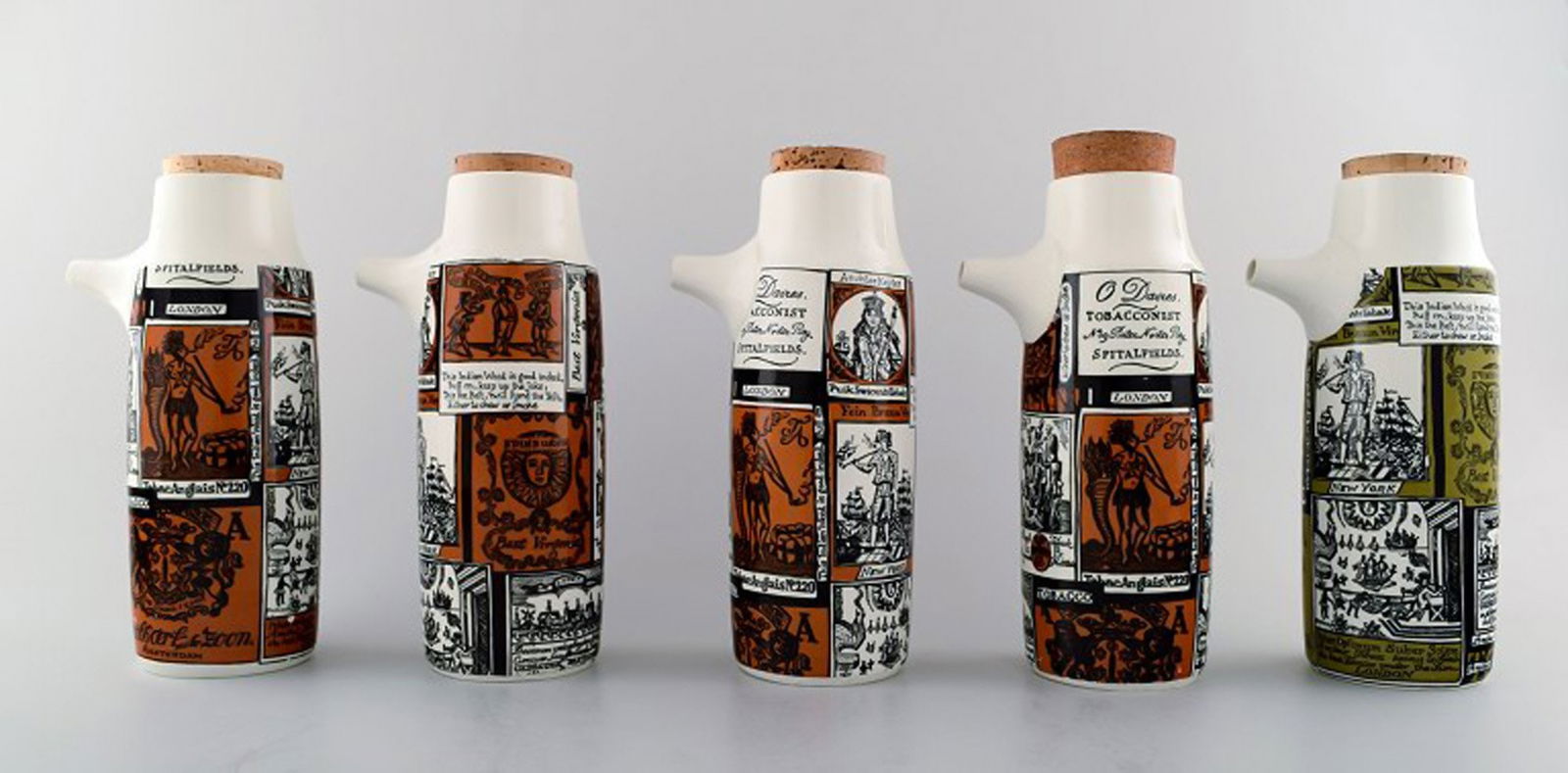 Five Modern style pitchers in ceramics by Bengt Berglund. Designed for Gustavsberg.: Title: Five Modern style pitchers in ceramics by Bengt Berglund. Designed for Gustavsberg. Description: Five Modern style pitchers in ceramics by Bengt Berglund. Designed for Gustavsberg. Marked with