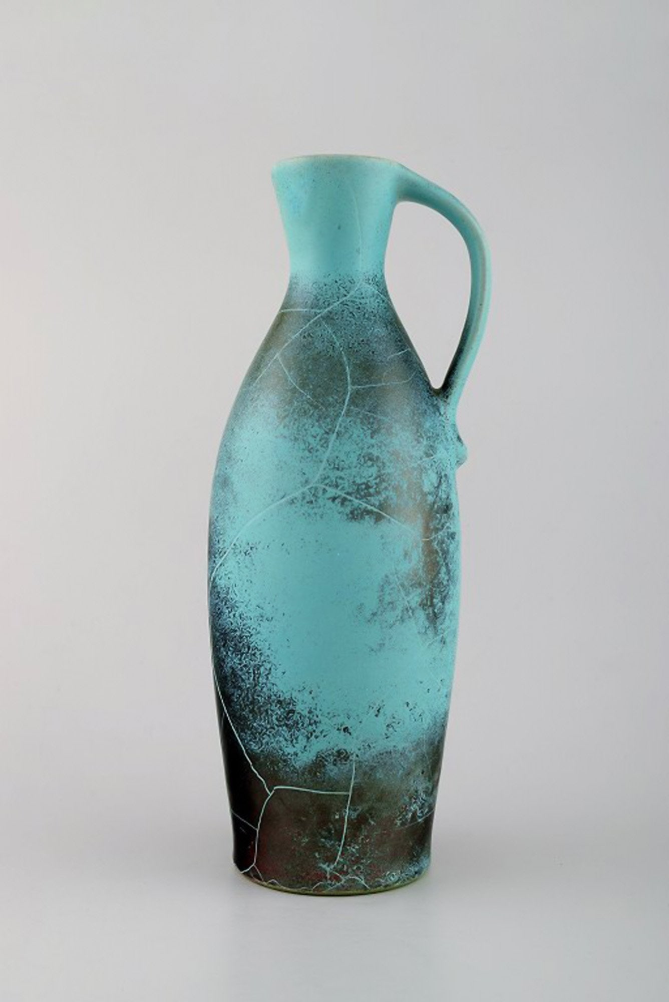 Richard Uhlemeyer, German ceramist. Pottery pitcher, beautiful crackled glaze in green red shades. (1 of 6)