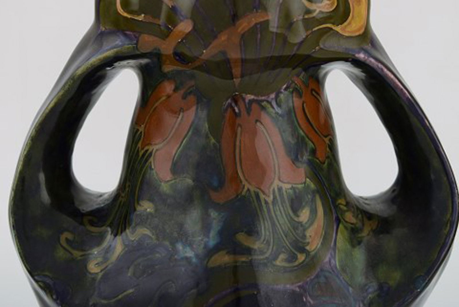 Rozenburg, Den Haag. Large art nouveau vase with gloves in glazed ceramics with flowers. 1910 / - 7