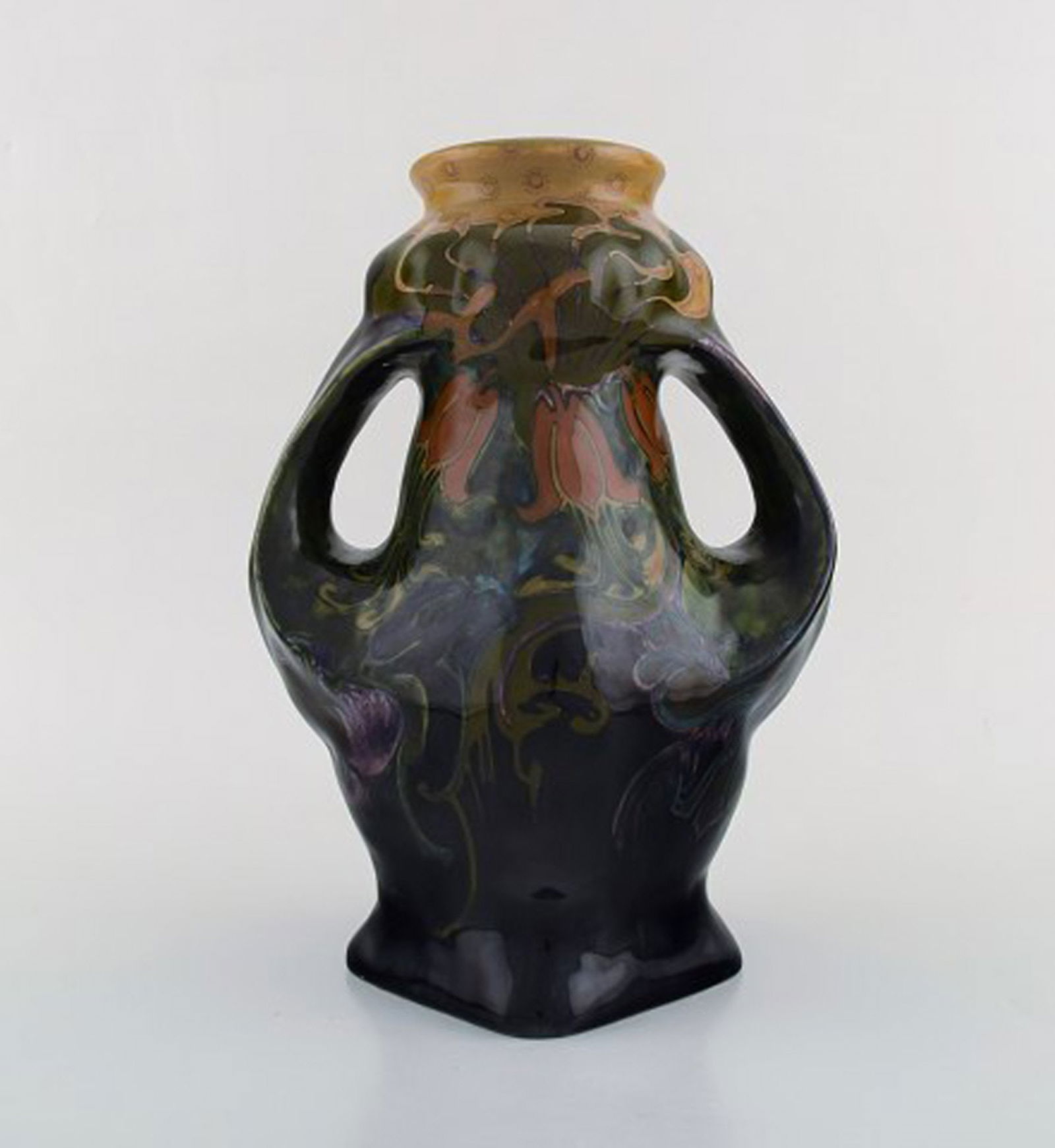 Rozenburg, Den Haag. Large art nouveau vase with gloves in glazed ceramics with flowers. 1910 / - 8