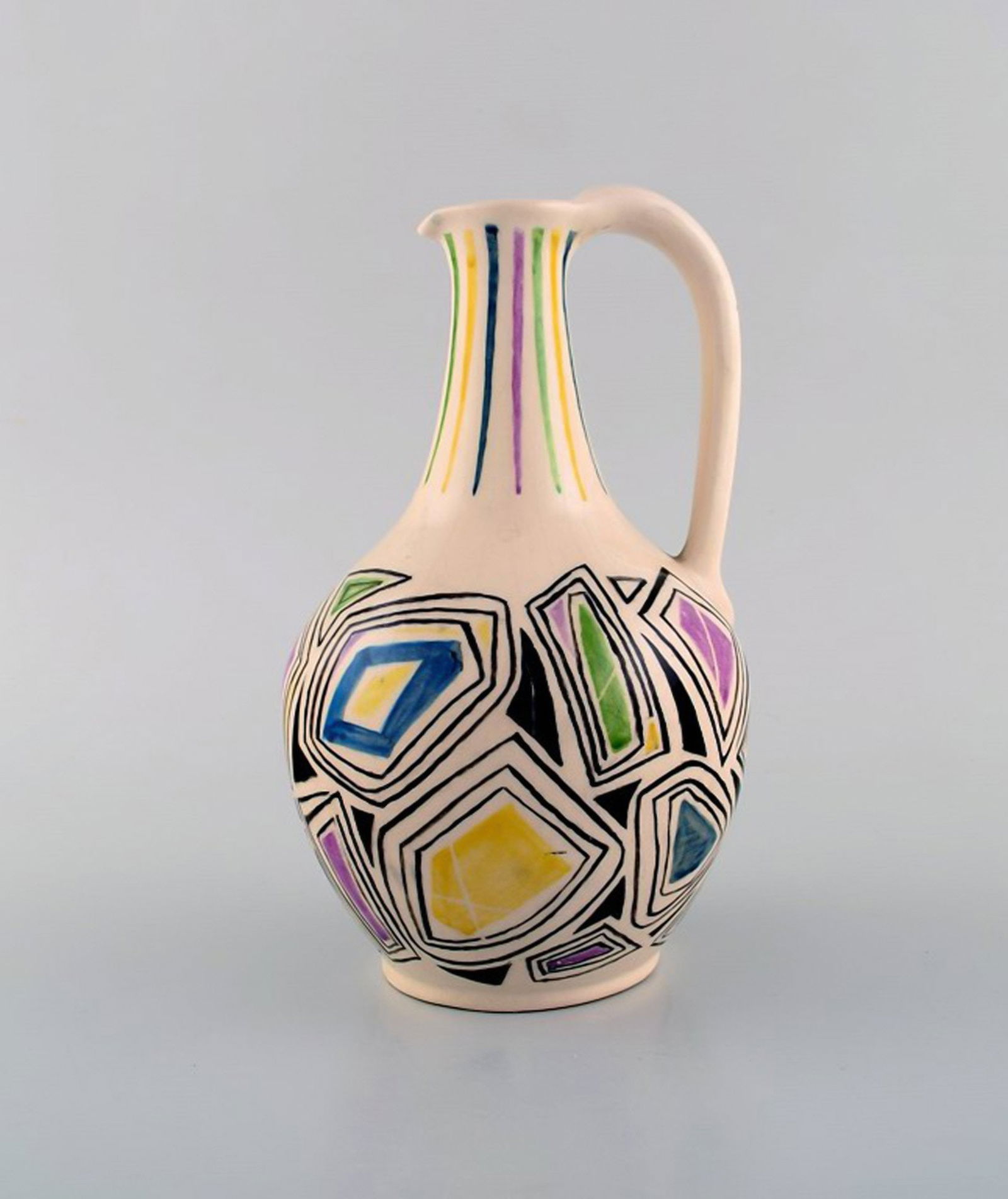 European studio ceramist. Unique jug with handle in glazed ceramic. Dated 1957. (1 of 5)