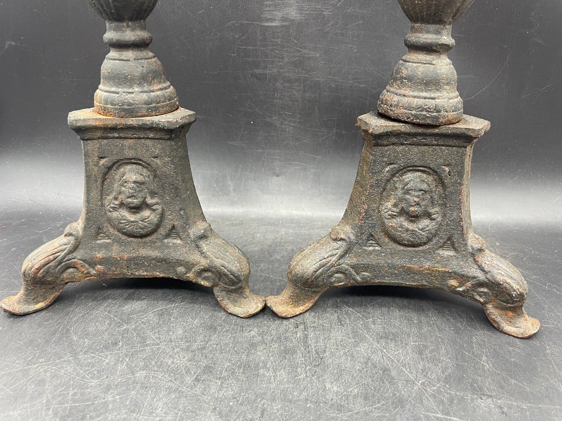 Early Large Cast Iron Candlesticks 16.75" tall - 6