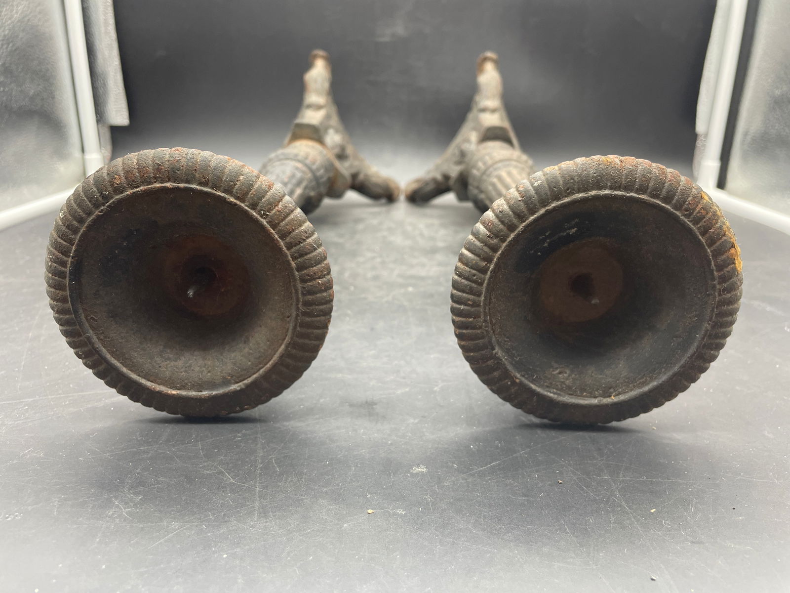 Early Large Cast Iron Candlesticks 16.75" tall - 7