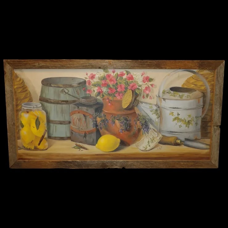 Vintage Folk Art Picture: This Vintage Folk Art Picture is in excellent condition. Frame is rustic and colors are muted so they blend well together. Picture is on paper and then it was glued to the board. Artist and date are o