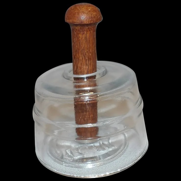 Antique Farm House Décor Glass Butter Mold with Cow Impression: This Antique Farm House Décor Glass Butter Mold with Cow Impression is in excellent condition. This type of butter mold was made during the early 1900’s. It was much more sanitary but was n