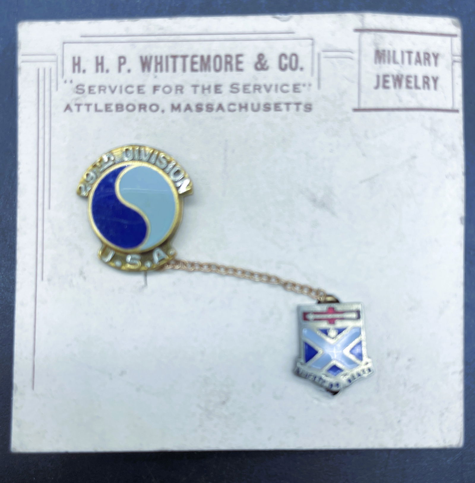 WWII Era 29th Division 176th Inf Sterling Sweetheart Double Pin On Orig Card: Date/Period: unknown Dimension: Larger .5" diameter, smaller .25" diameter Material: sterling silver Additional Information: Vintage WWII era sterling sweetheart pin . . . 29th Division/176th Infantry