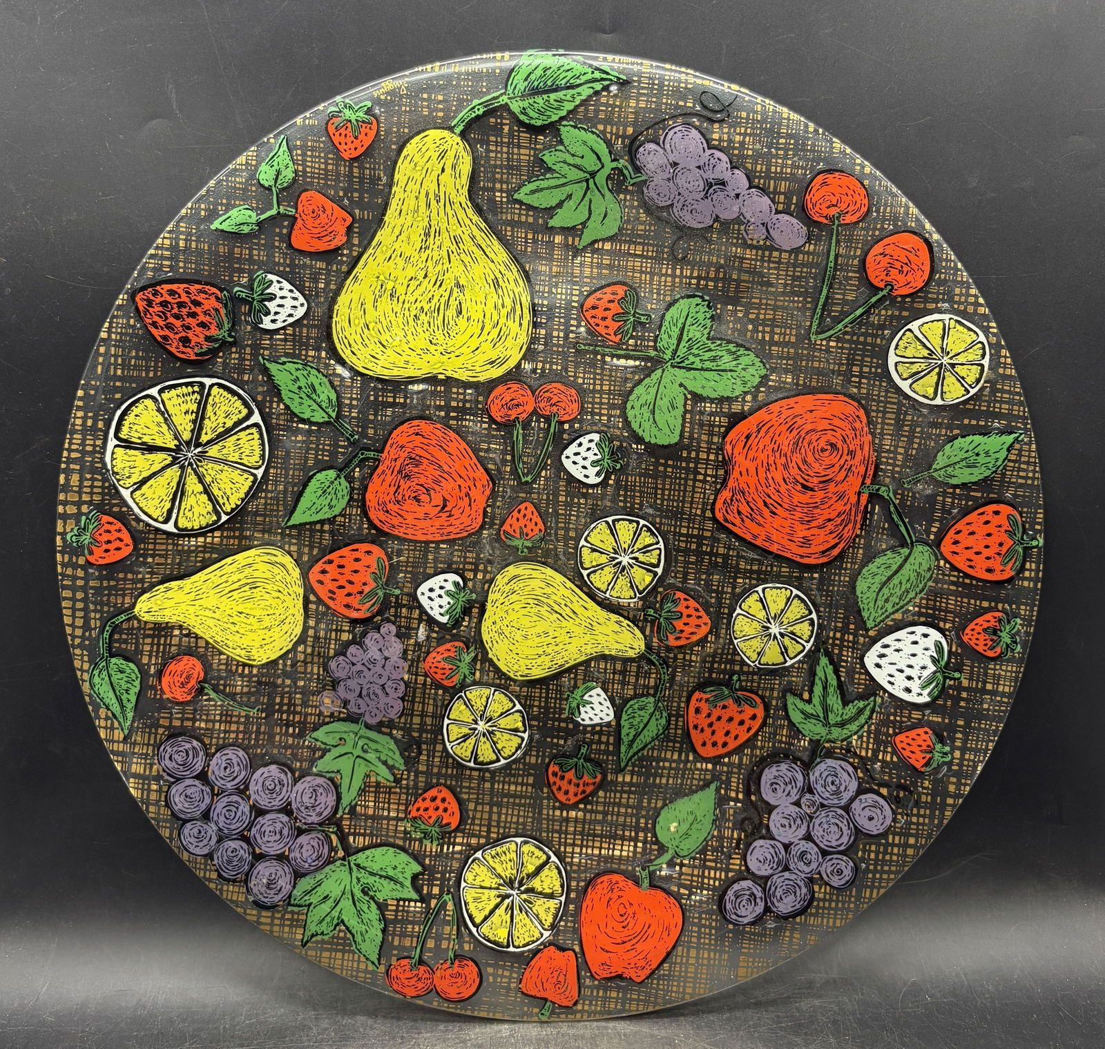 Higgins MCM Glass Fruitful & Gold fused Art Platter Chop plate signed 17": Date/Period: Approx 50's 60's Dimension: 17" diameter Material: glass Additional Information: Higgins MCM Glass Fruitful & Gold fused Art Platter Chop plate signed Shipping: Domestic: Flat-rate of $18
