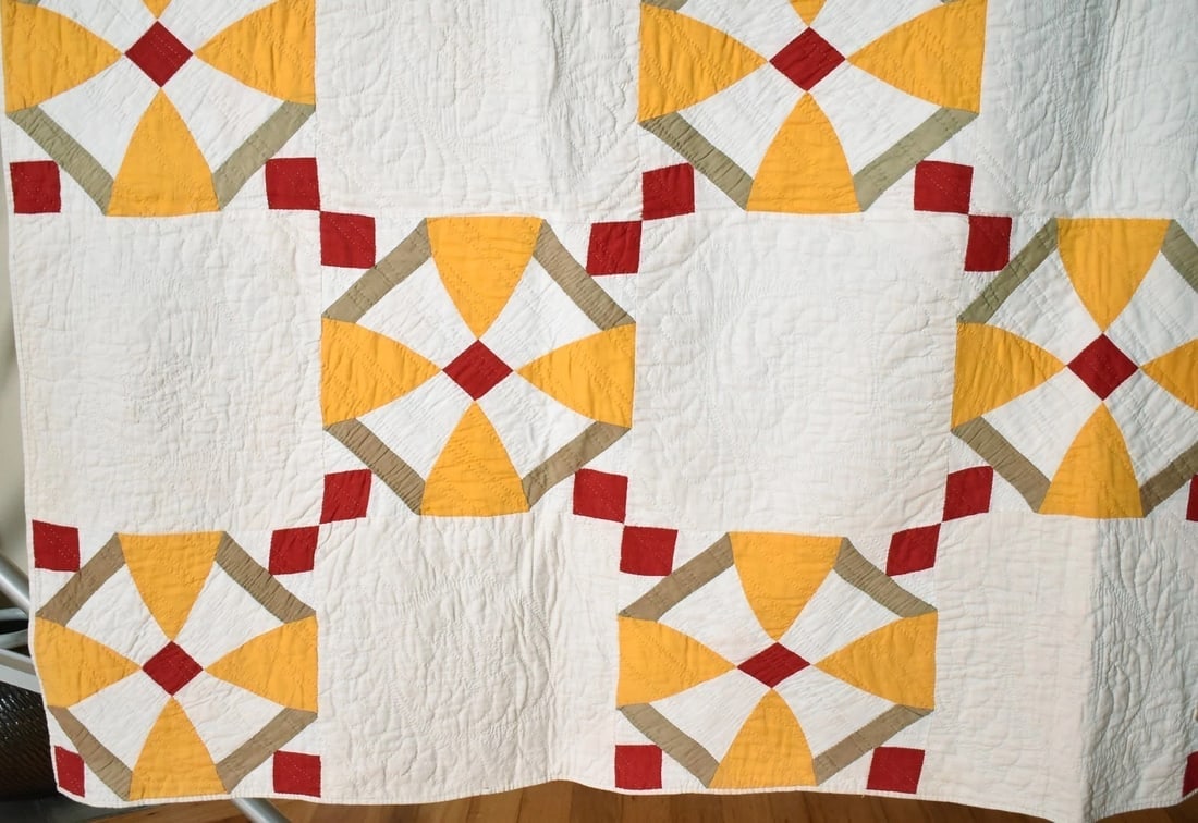 1880's Red & Cheddar Windmill Quilt - 6