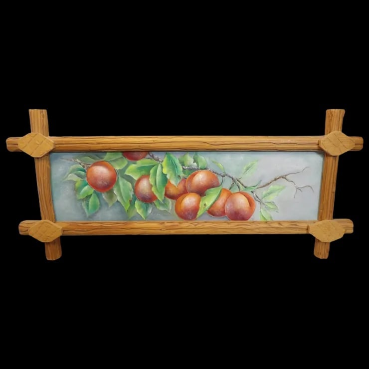 Hand-Painted Folk Art Framed Picture of Peaches: This Hand-Painted Folk Art Framed Picture of Peaches is in excellent condition. It has a unique hand-made frame that also is in excellent condition. It measures 20 ¼” x 9” x 1”.