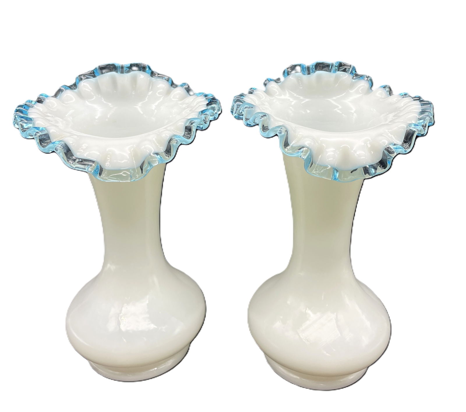 Pair Fenton White Milk Glass Blue Aqua Crest 8?? Vase w Crimped Edge Vintage 1940s (1 of 7)