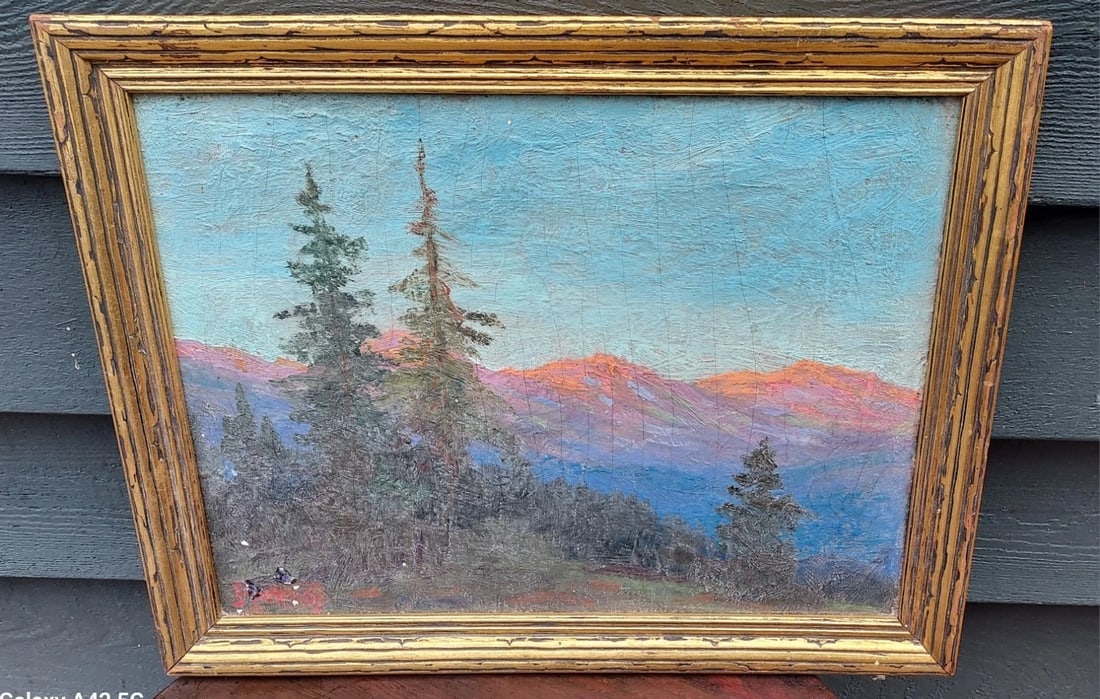 Western mountain scene oil painting on Board 1920 signed great colors sunset (1 of 3)