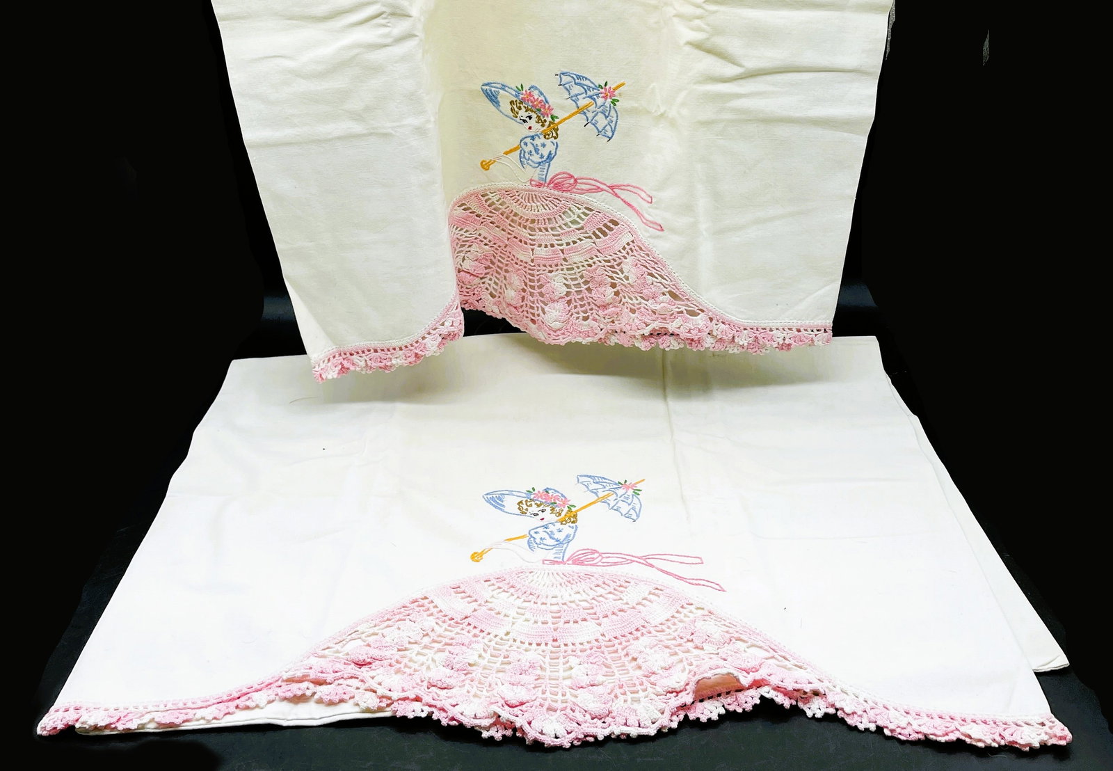 Vintage Pillowcases Handmade Embroidered Victorian GIRL in Pink Dress, Flowers Crochet Trim: Date/Period: Approx 1950's Dimension: Approx 30" x 20.5" each Material: fabric Additional Information: Vintage Pillowcases Handmade Embroidered Victorian GIRL in Pink Dress, Flowers Crochet Trim Shipp