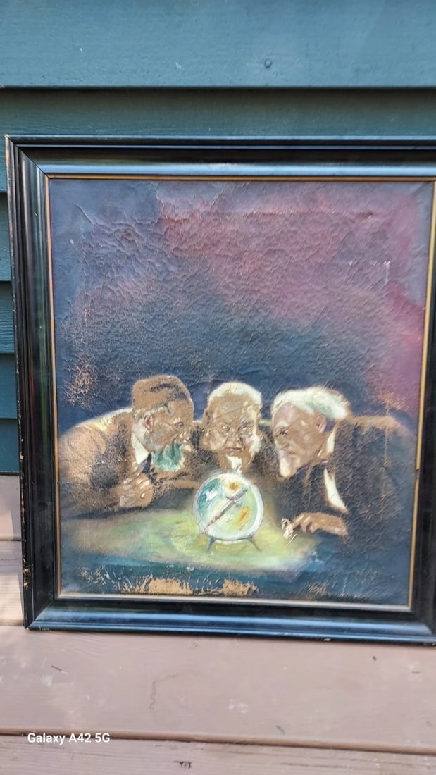 oil painting Merlin Magical Ball 19th Fentury Wizards: Interesting piece in good condition.. Paint loss and small hole. Writing on back. Along with $3500 price . Measures 23 x 26" with frame. Shipping: Domestic: Flat-rate of $90.00 to anywhere within the