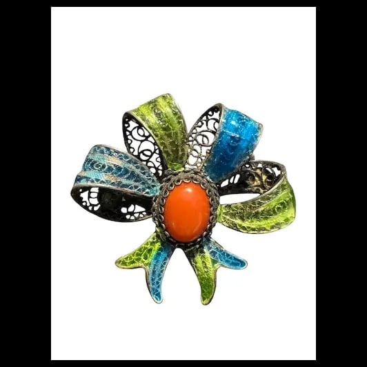 Vintage Filigree 800 Silver Red Coral Fine Mediterranean Chinese export enamel Bow Brooch - 2