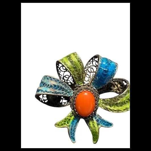 Vintage Filigree 800 Silver Red Coral Fine Mediterranean Chinese export enamel Bow Brooch - 3