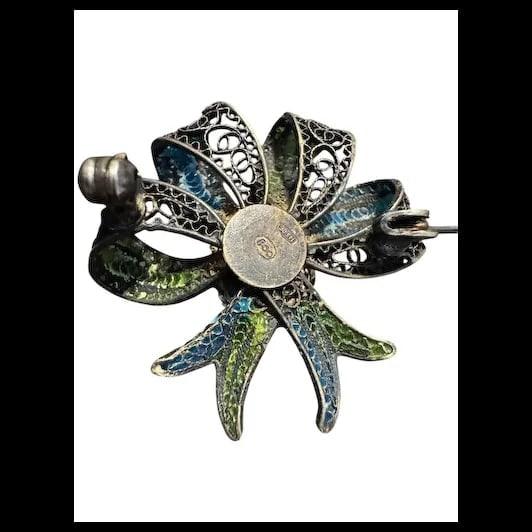 Vintage Filigree 800 Silver Red Coral Fine Mediterranean Chinese export enamel Bow Brooch - 4