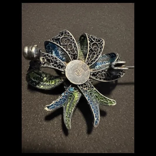 Vintage Filigree 800 Silver Red Coral Fine Mediterranean Chinese export enamel Bow Brooch - 5