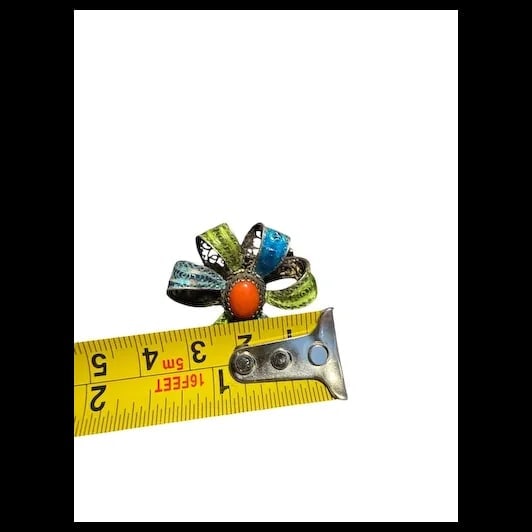 Vintage Filigree 800 Silver Red Coral Fine Mediterranean Chinese export enamel Bow Brooch - 7