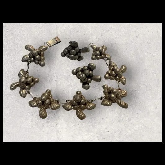 Vintage Mexican sterling Silver grape cluster link bracelet w/ earrings 1940s - 2