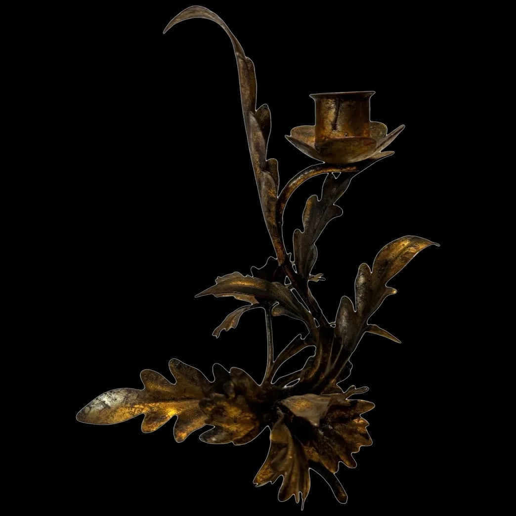 VINTAGE Italian Gold Toleware Metal Candle holder: Add a touch of vintage Hollywood glamour to any room with this Italian vintage Gold Toleware Metal Candle holder. piece. The asymmetrical floral design is hand-painted, making each piece unique. This
