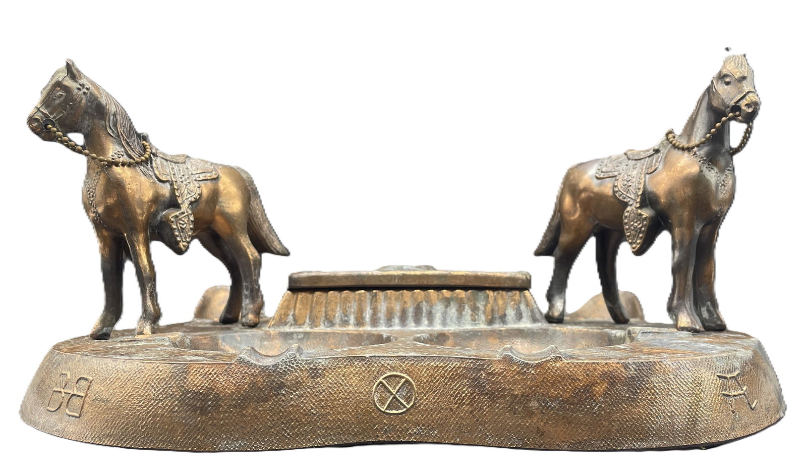 Vintage Cast Western, Equestrian Theme Two Horse Double Pipe Rest & Ashtray w Cast Covered Box (1 of 8)