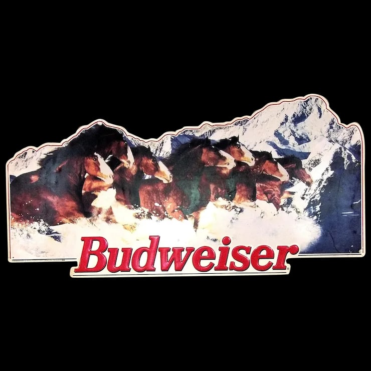 Rare Vintage Budweiser 1993-94 Metal Advertising Sign with Clydesdale and Rocky Mts. (1 of 8)