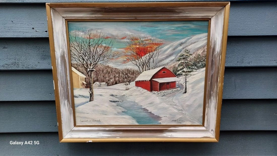 oil painting Sunset In Vermont 1958 Anne Larsen Great Colors Winter Scene (1 of 3)