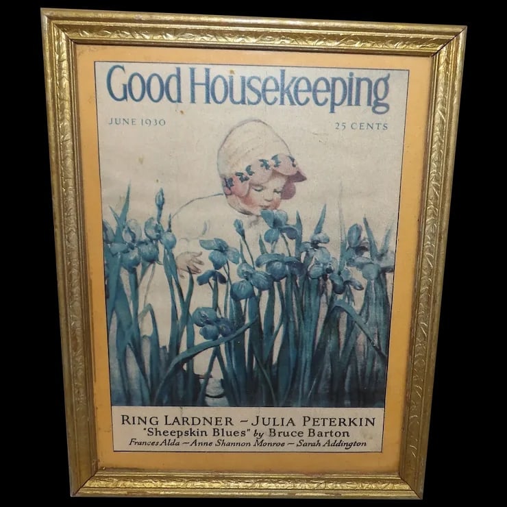 1930 Cover of Good Housekeeping: This 1930 Cover of Good Housekeeping is in very good condition. Professionally framed. Measures 8 ¾” x 6 ¾”. Item id: ls009623Color: Blue, Gold, CreamTheme: Floral, RomanticItem